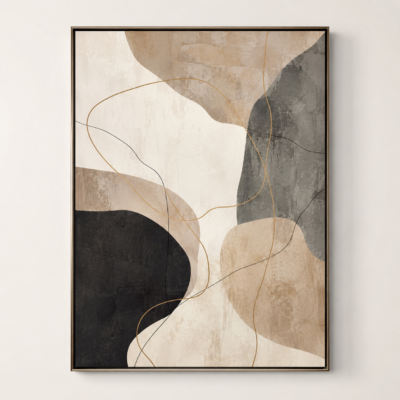 Neutral Abstract Canvas Wall Art – Beige Black Grey Modern Framed Print